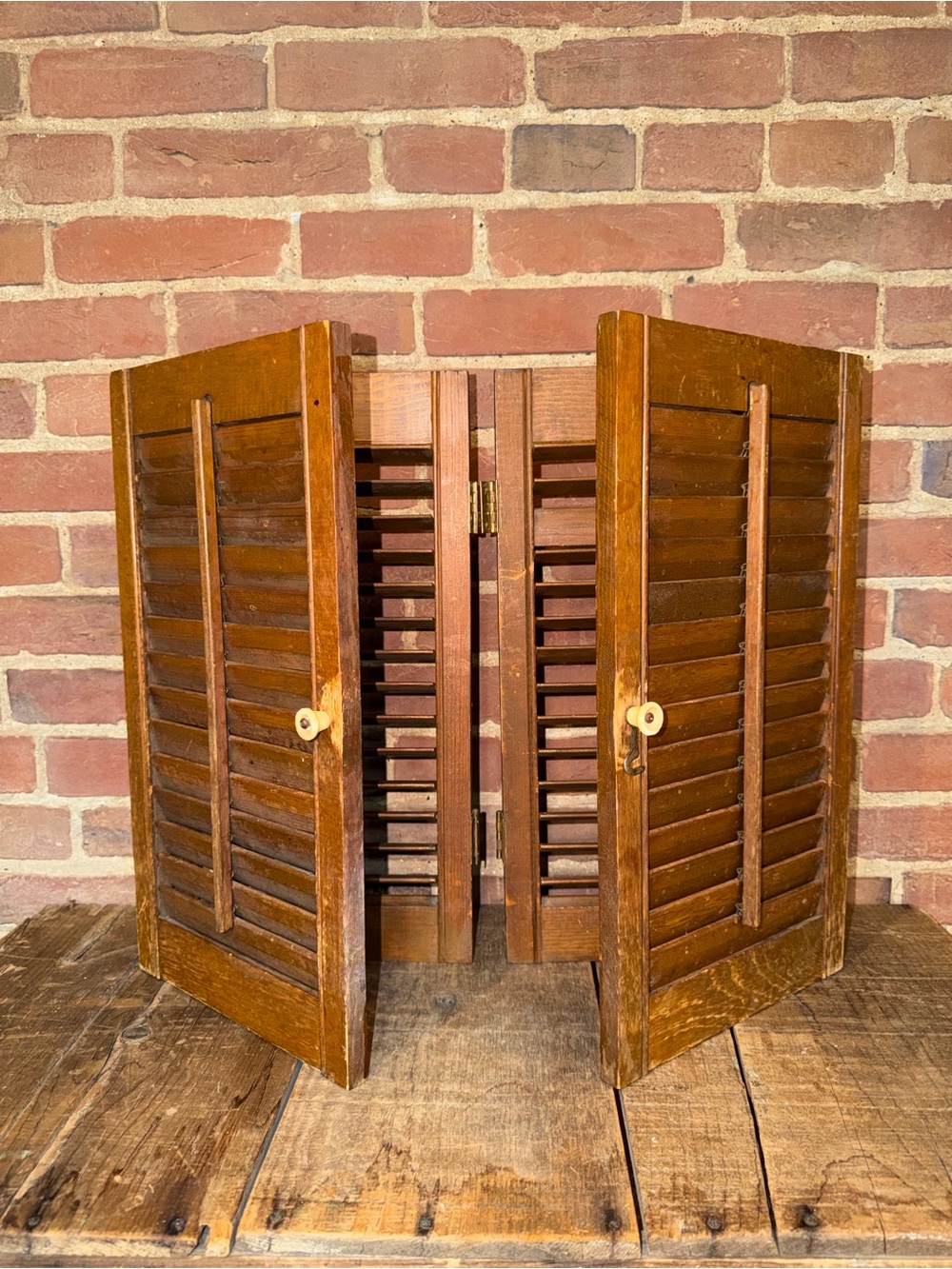 Vintage Wooden Louvered Window Shutters - Warm Brown Miniature Pair Rustic